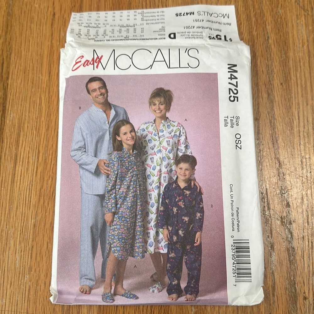 Uncut sewing pattern McCalls M4725 kids and adults sleepwear, nightshirt